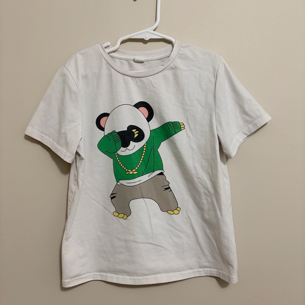 SHEIN White Tee with Dabbing Panda Graphic 7 Youth